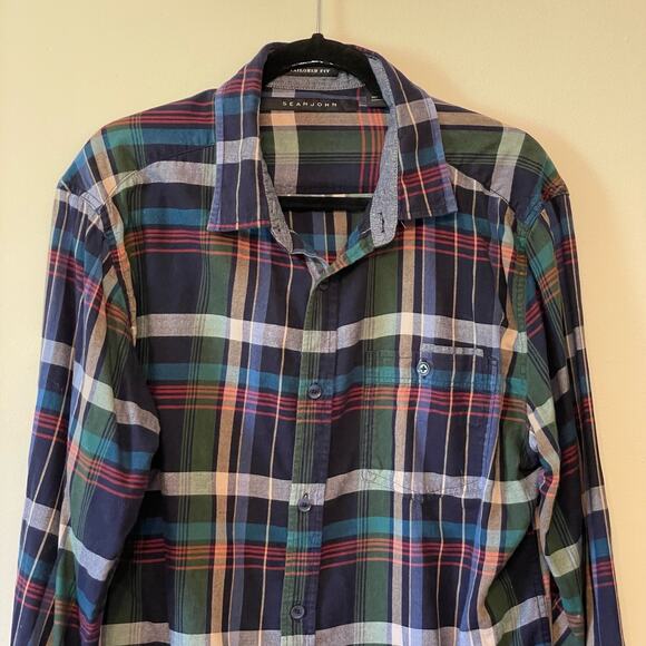 SeanJohn XL tailored fit plaid button down casual t-shirt  yellow black outdoor - Picture 2 of 7